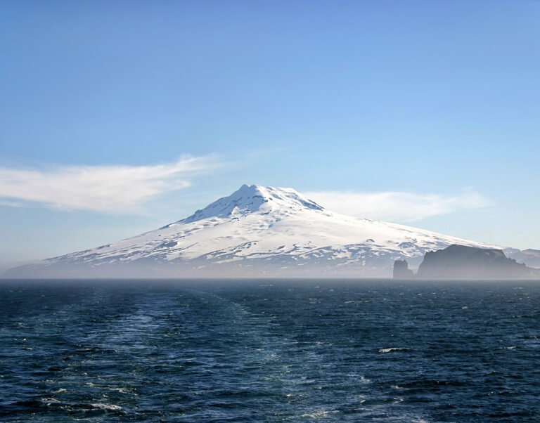 Beerenberg volcano on a foggy morning on Jan Mayen.