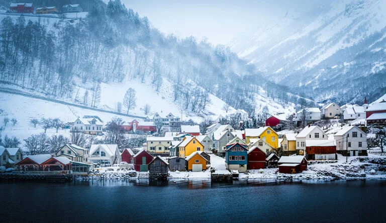 Bergen city lake winter scene