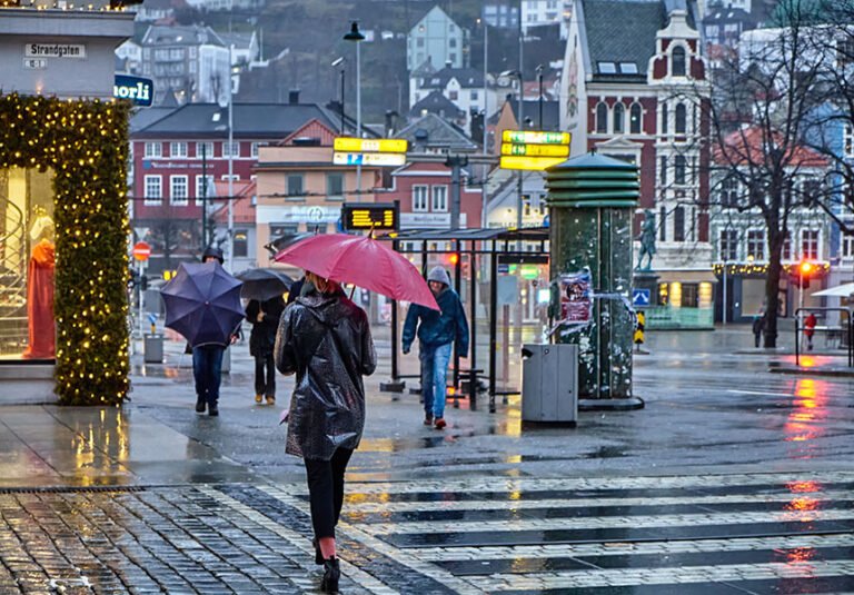Bergen pedestrian crossing the rain.