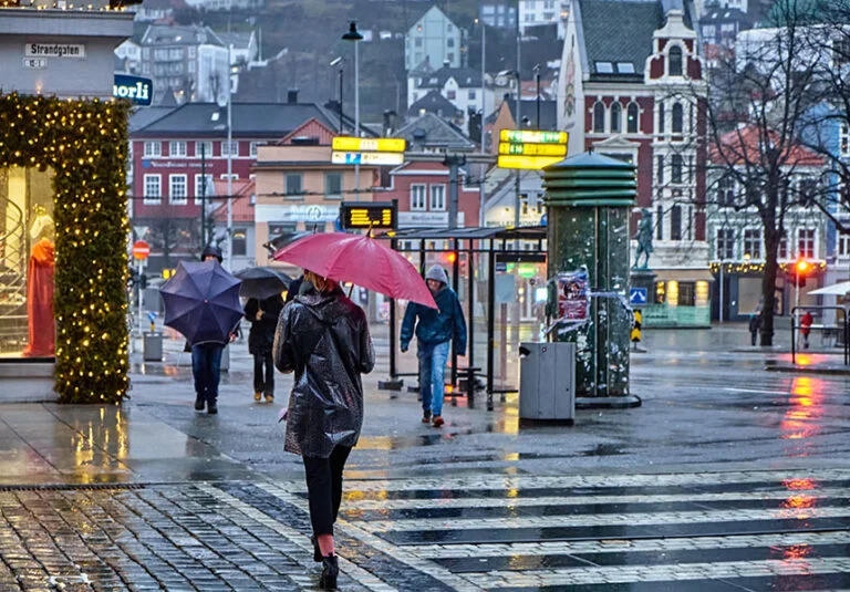 Bergen pedestrian crossing the rain.