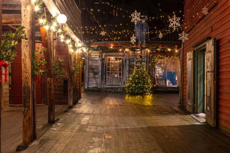 Bergen's Bryggen neighbourhood with Christmas decorations and winter lights