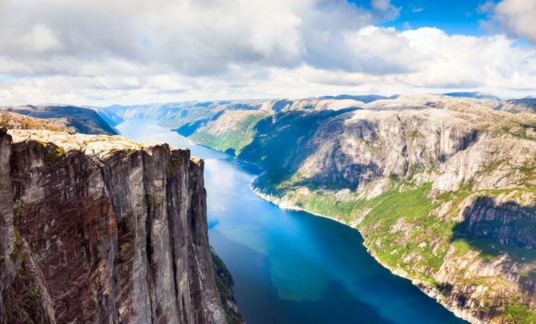 An aerial view of the Lysefjord in Norway