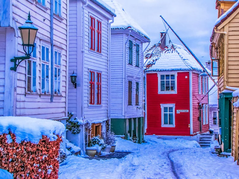 Snowy street in central Bergen