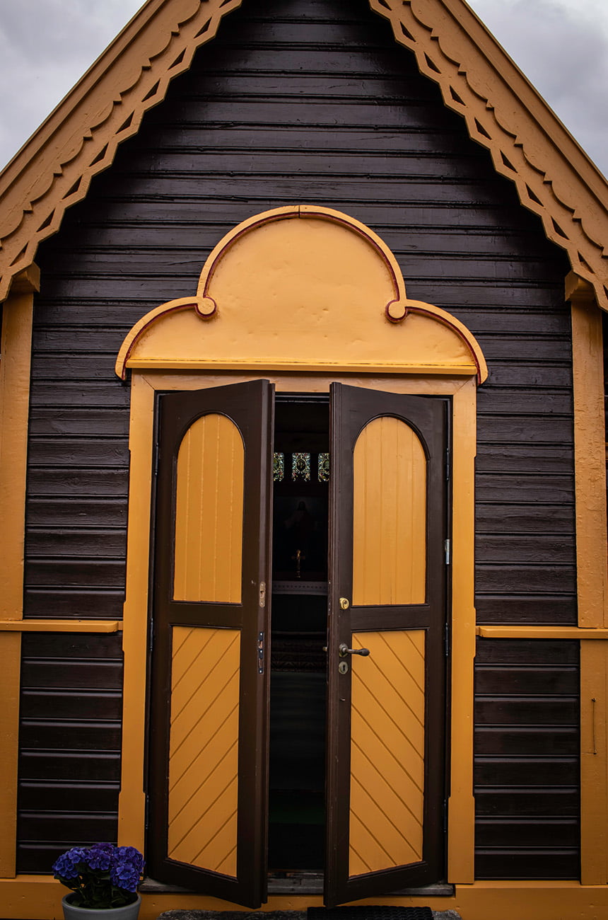 Entrance door of St. Olaf's church in Balestrand