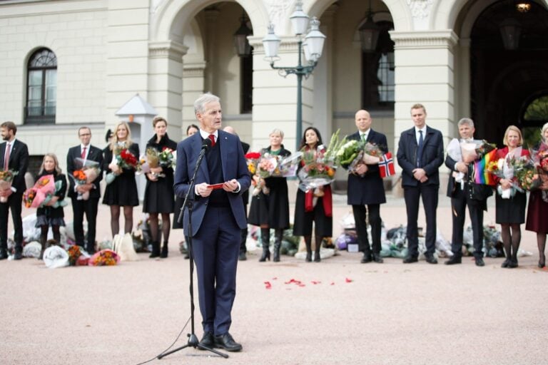 Norway's new prime minister Jonas Gahr Støre gives a speech at the Royal Palace in Oslo.