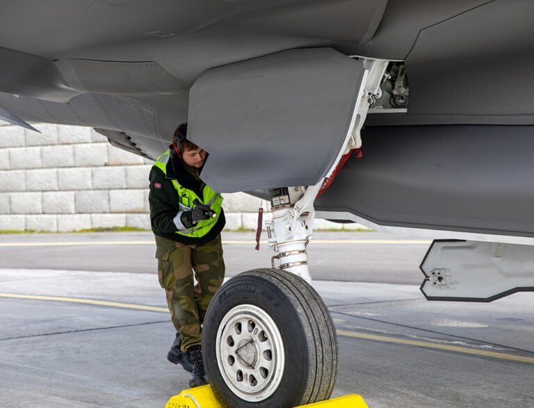 Technician working on an F-35A at Evenes air base during Falcon Deploy 2021.