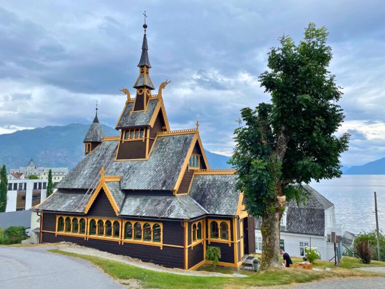 The striking exterior of St. Olafs Church in Balestrand, Norway.
