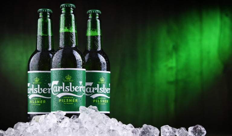 Danish beer Carlsberg bottles on ice