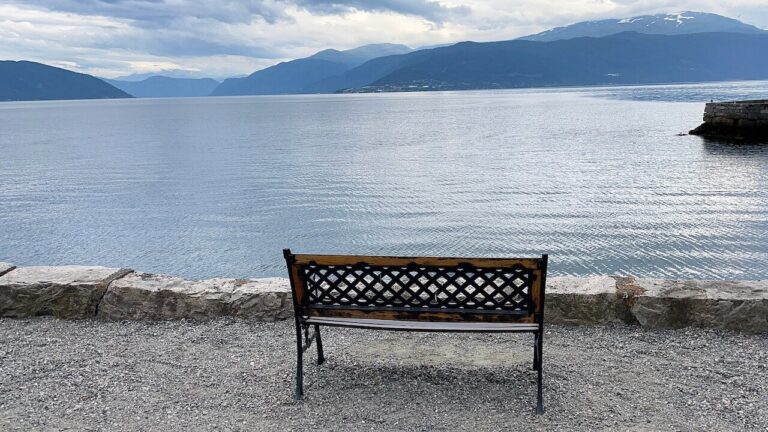 A bench in Balestrand overlooking the Sognefjord.
