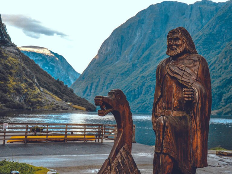 Viking Age reconstructed boat and sculpture in Gudvangen, Norway.