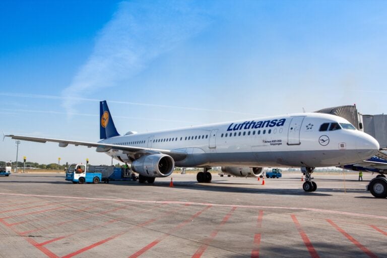 A Lufthansa plane at an airport.