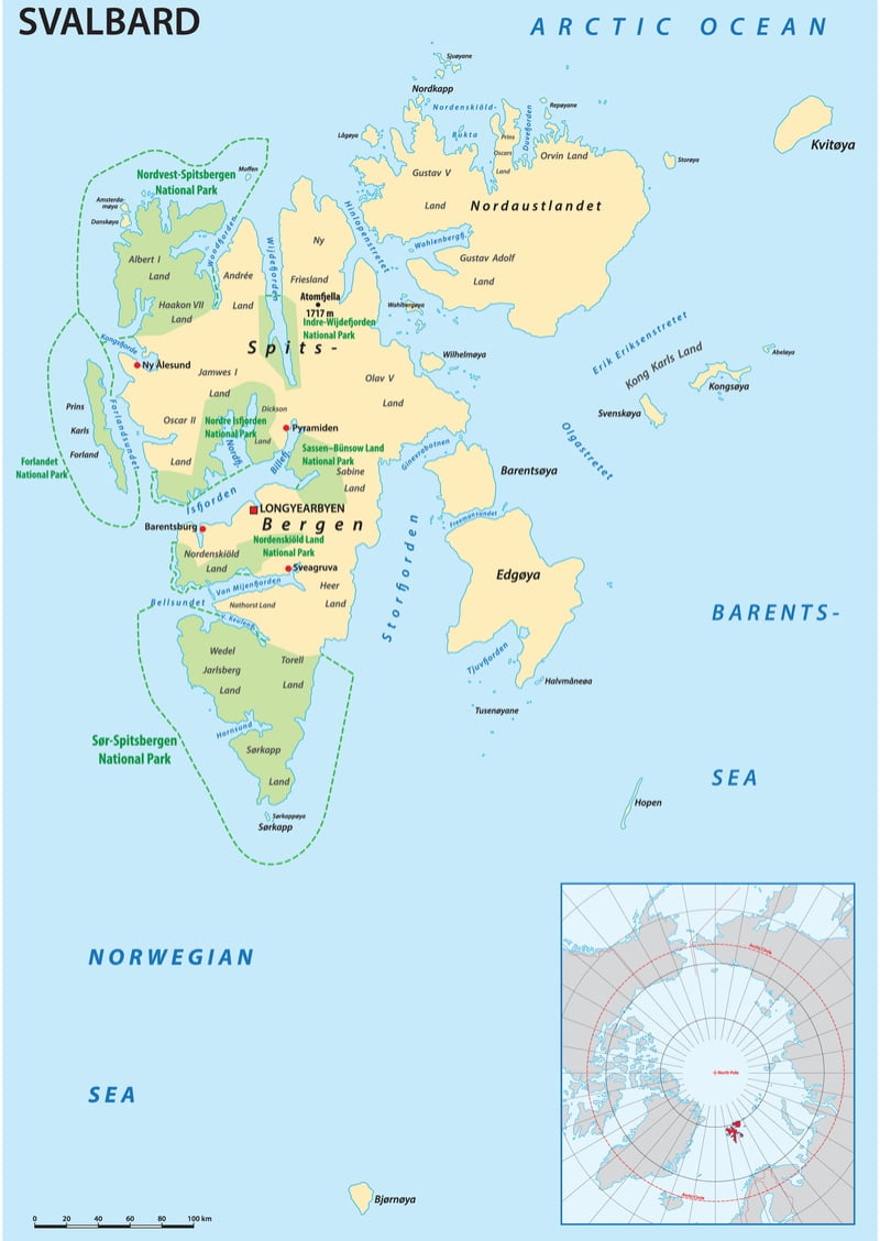 Map of Spitsbergen and Svalbard, Norway