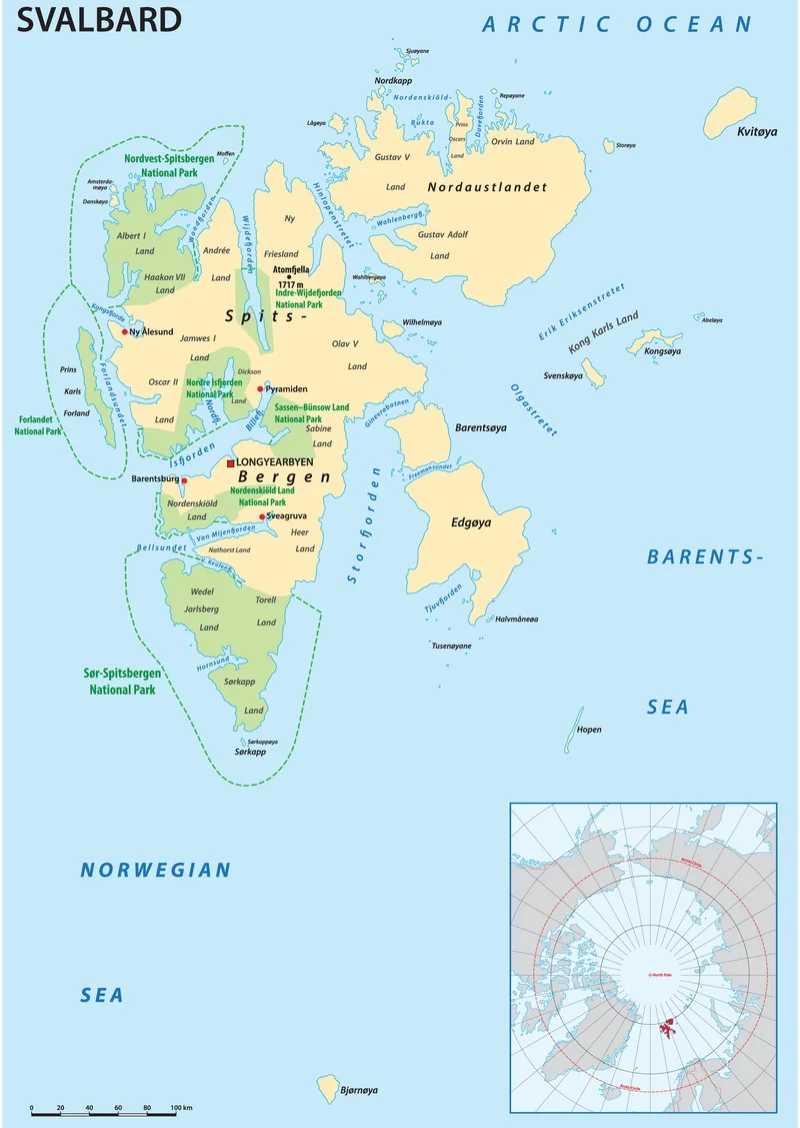 Map of Spitsbergen and Svalbard, Norway