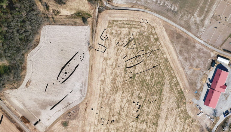 The longhouses mapped onto a photograph of Gjellestad, Norway.