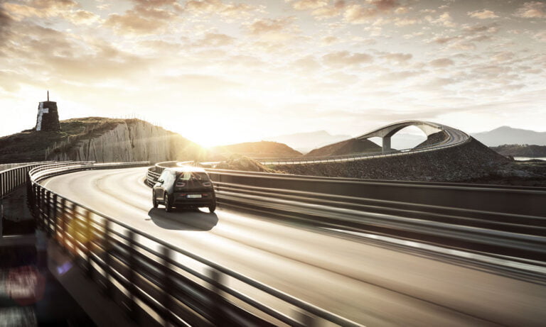 An electric car on Norway's Atlantic Road.