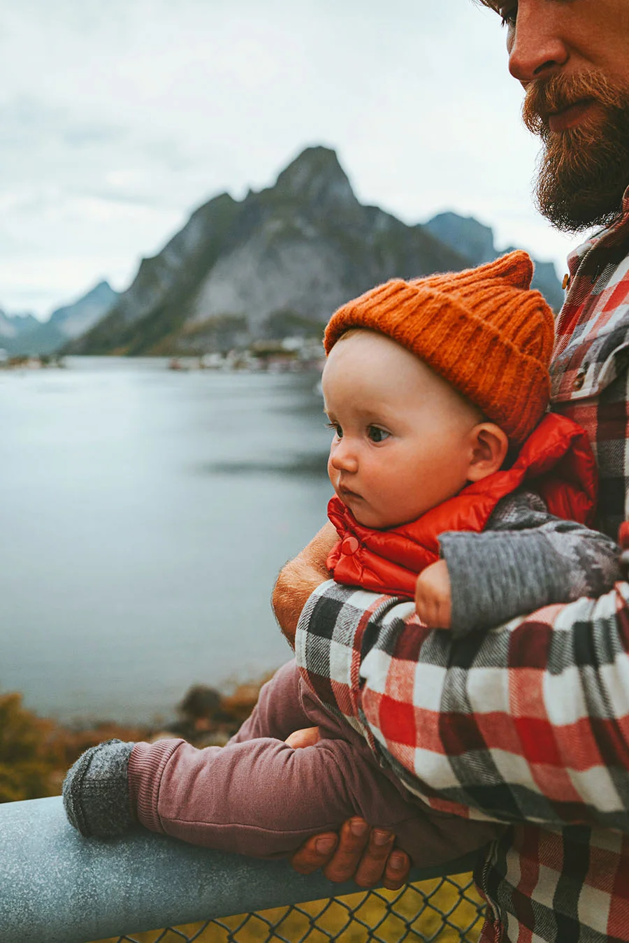 Father and baby boy in Lofoten, Norway
