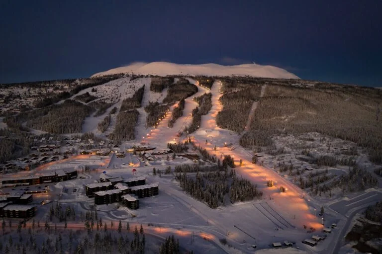 Floodlit slopes at Trysil ski resort, Norway.