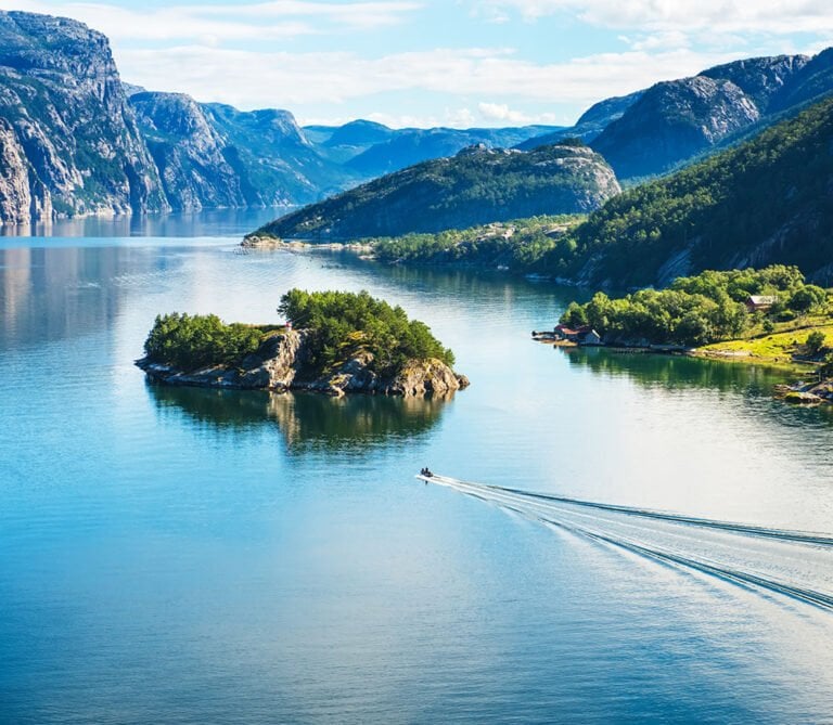 A small boat on the Lysefjord in Norway.