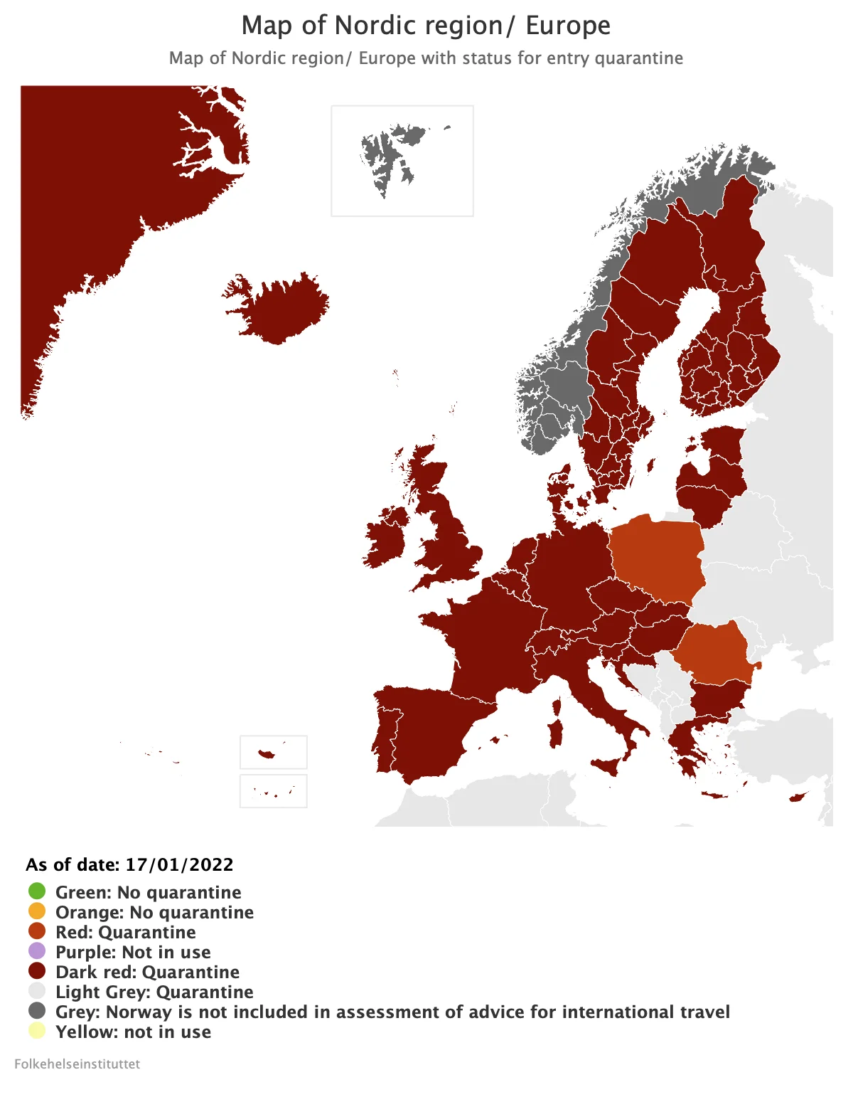 FHI color-coded quarantine map of Europe.