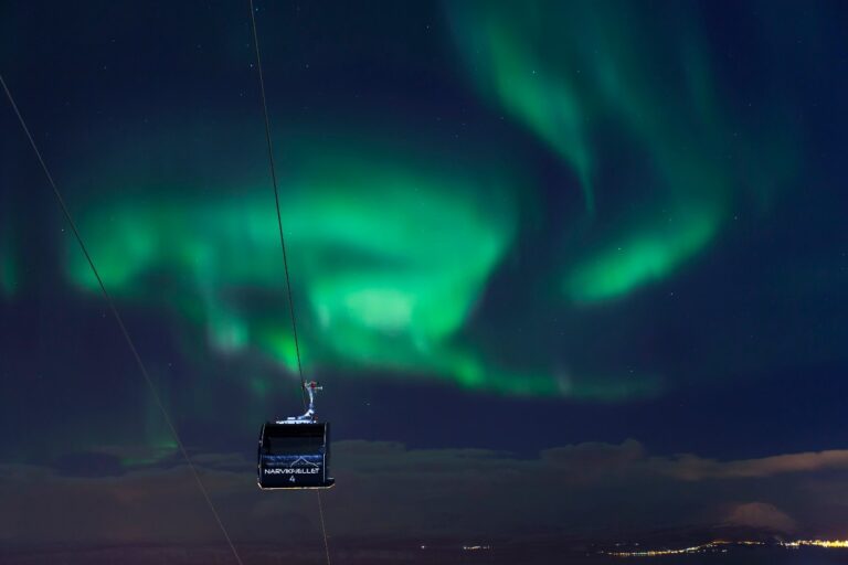 A northern lights display above Narvikfjellet ski resort in Northern Norway.