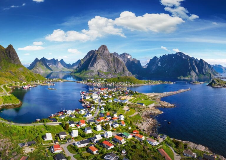 Reine village with a mountain backdrop.