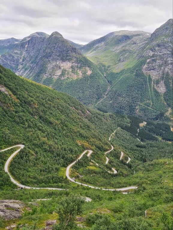 Steep, serpentine mountain road in Norway.