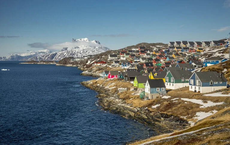 Colourful houses on the shoreline at Nuuk in Greenland.