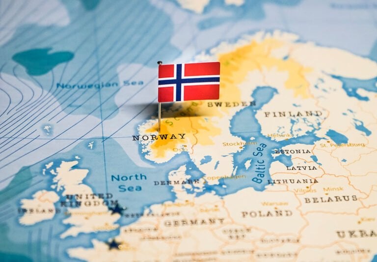 Norway flag on a map of Europe.