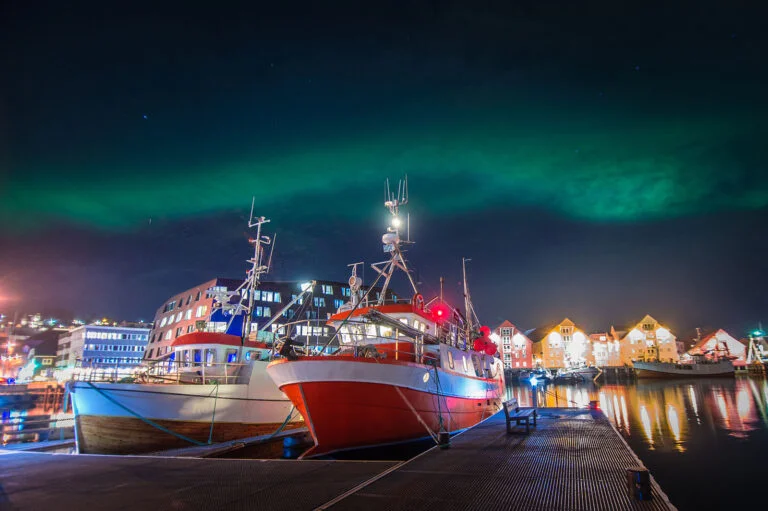 Aurora borealis above Tromsø city centre.