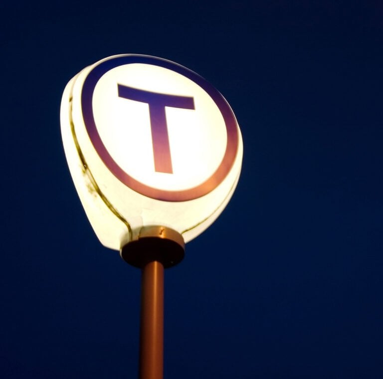 Illuminated T-Bane sign in Oslo, Norway.