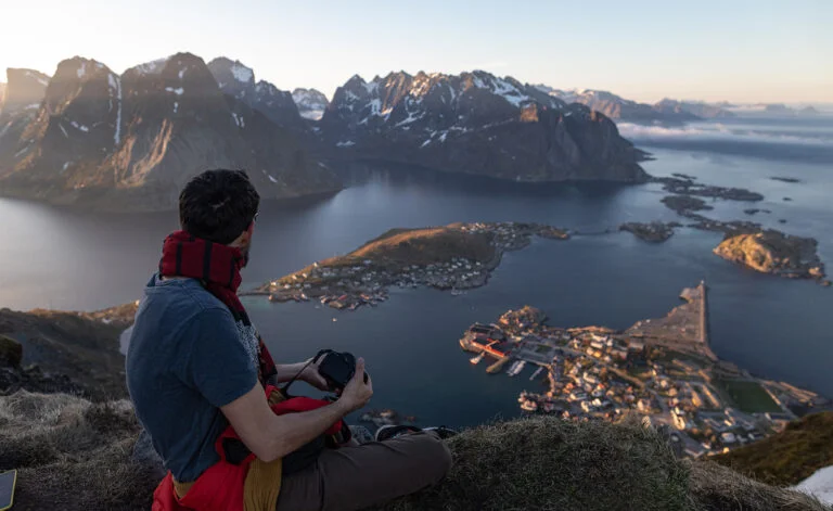 Nordic man hiking in the mountains.