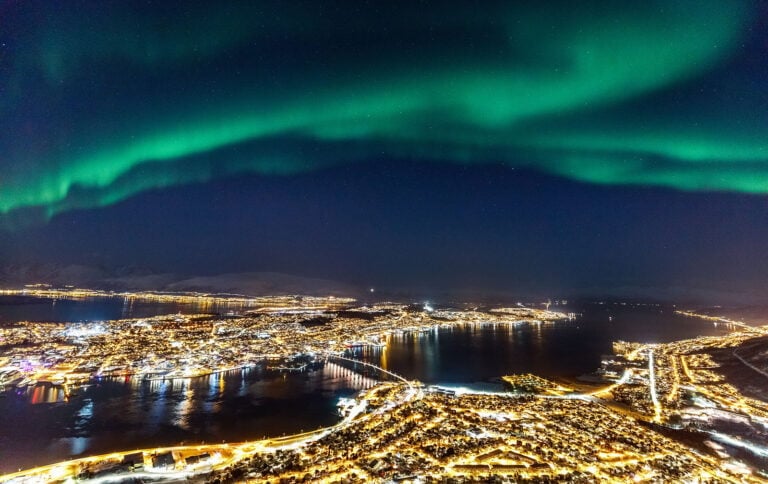 Northern lights display above the city of Tromsø in Northern Norway.