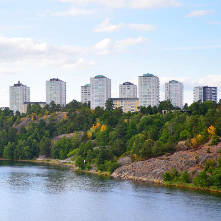 Residential tower blocks in a suburb of Stockholm, Sweden.