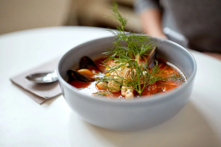 Seafood soup as New Nordic cuisine.