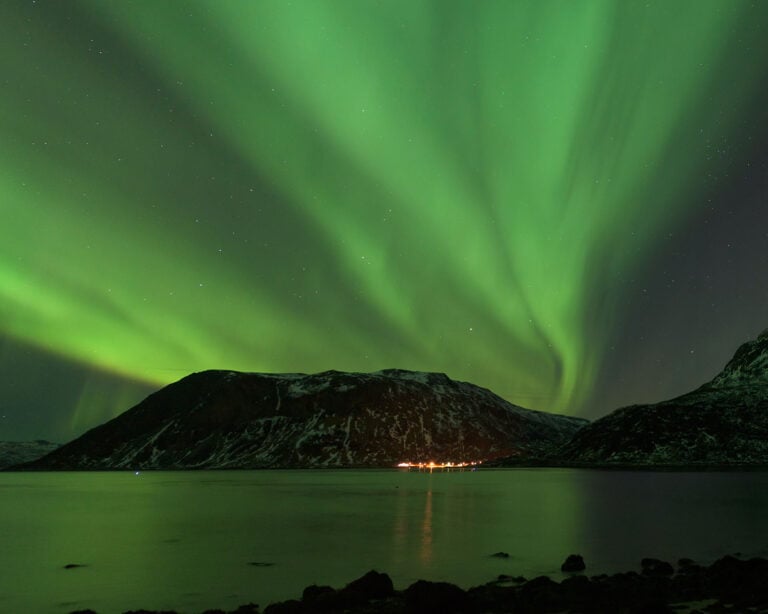 A strong aurora display outside Tromsø, Norway.