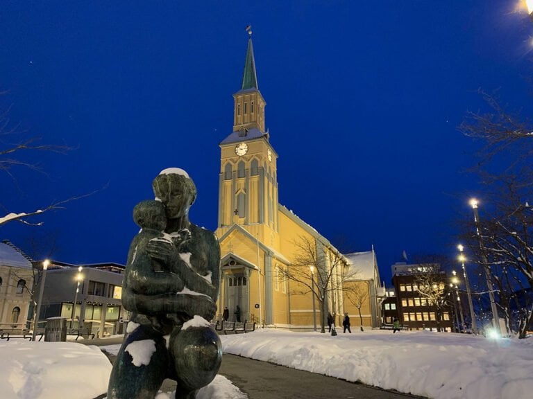 Tromsø cathedral in blue hour light.
