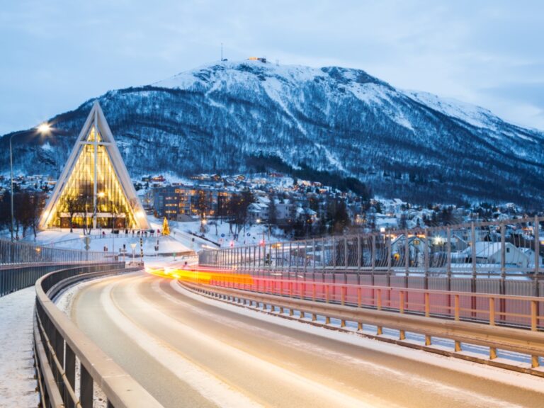 The Tromsø bridge leads to the Arctic cathedral.