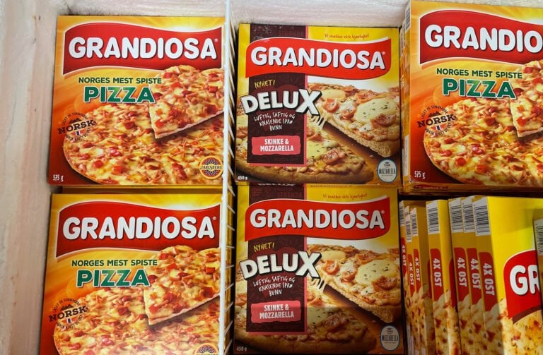Grandiosa pizza in the freezer section of a Norwegian supermarket.