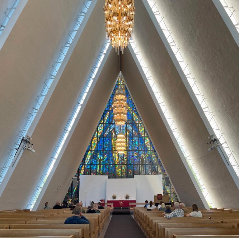 Inside the Arctic Cathedral of Tromsø, Norway.