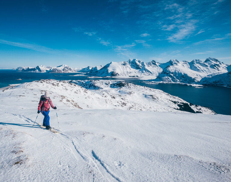 Ski touring in Lofoten, Norway.