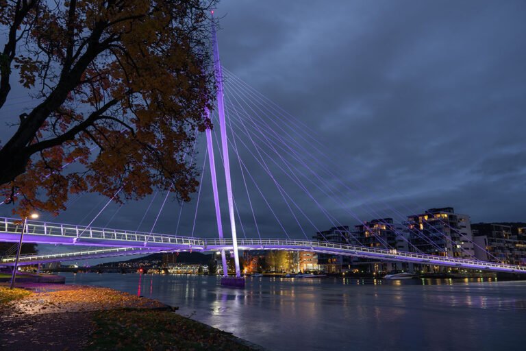 Illuminated bridge in Drammen, Norway.