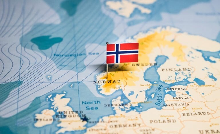 Norway flag on a map of Scandinavia.