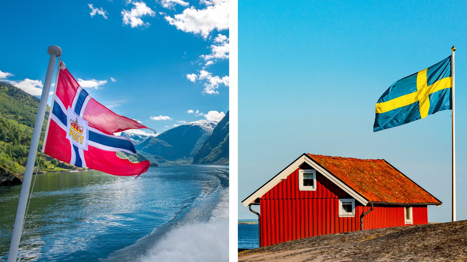 Norway flag flying by a Norwegian fjord and a Sweden flag flying by a country cottage.