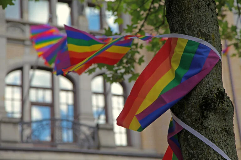 Oslo Pride rainbow flags.