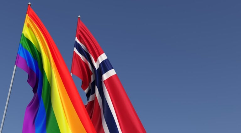 Rainbow flag and the flag of Norway.