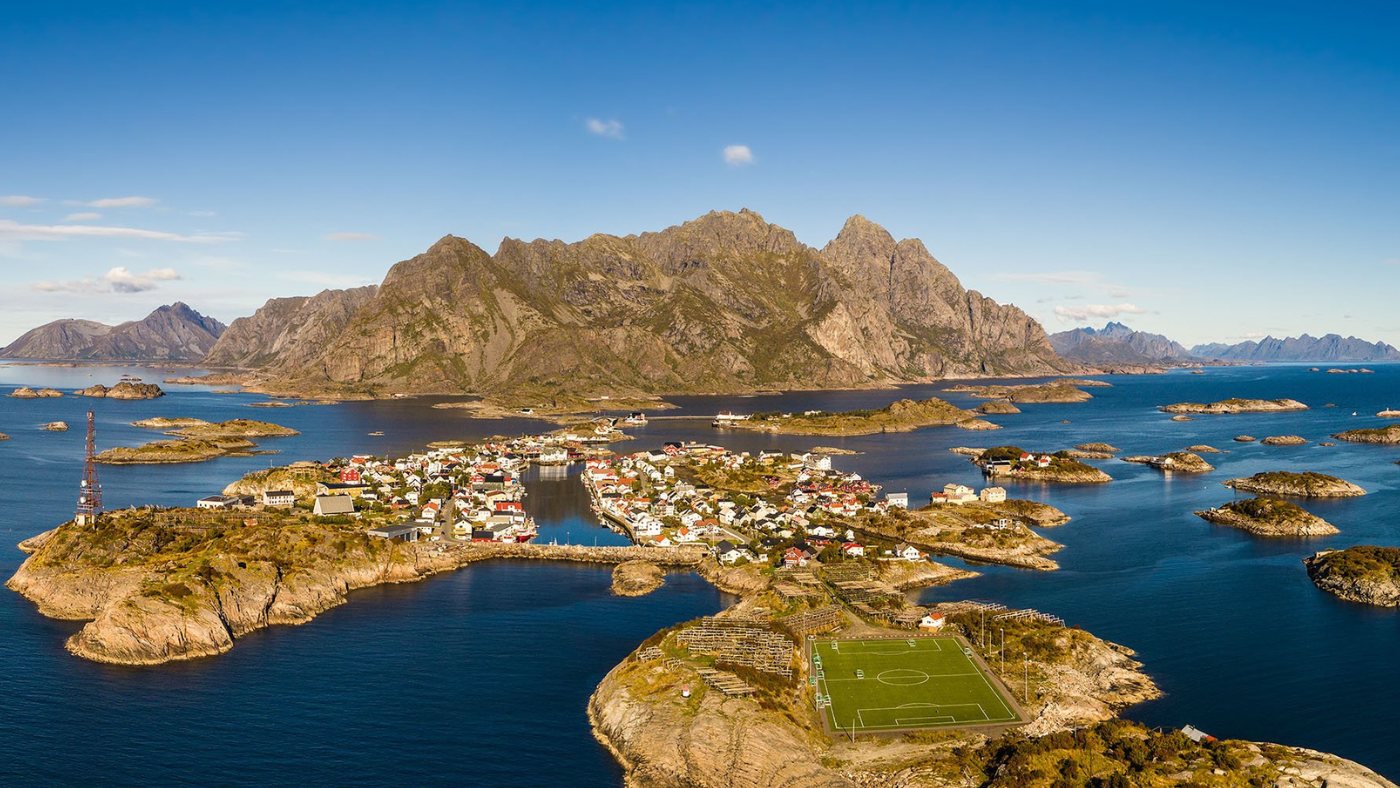 Henningsvær football pitch drone picture.