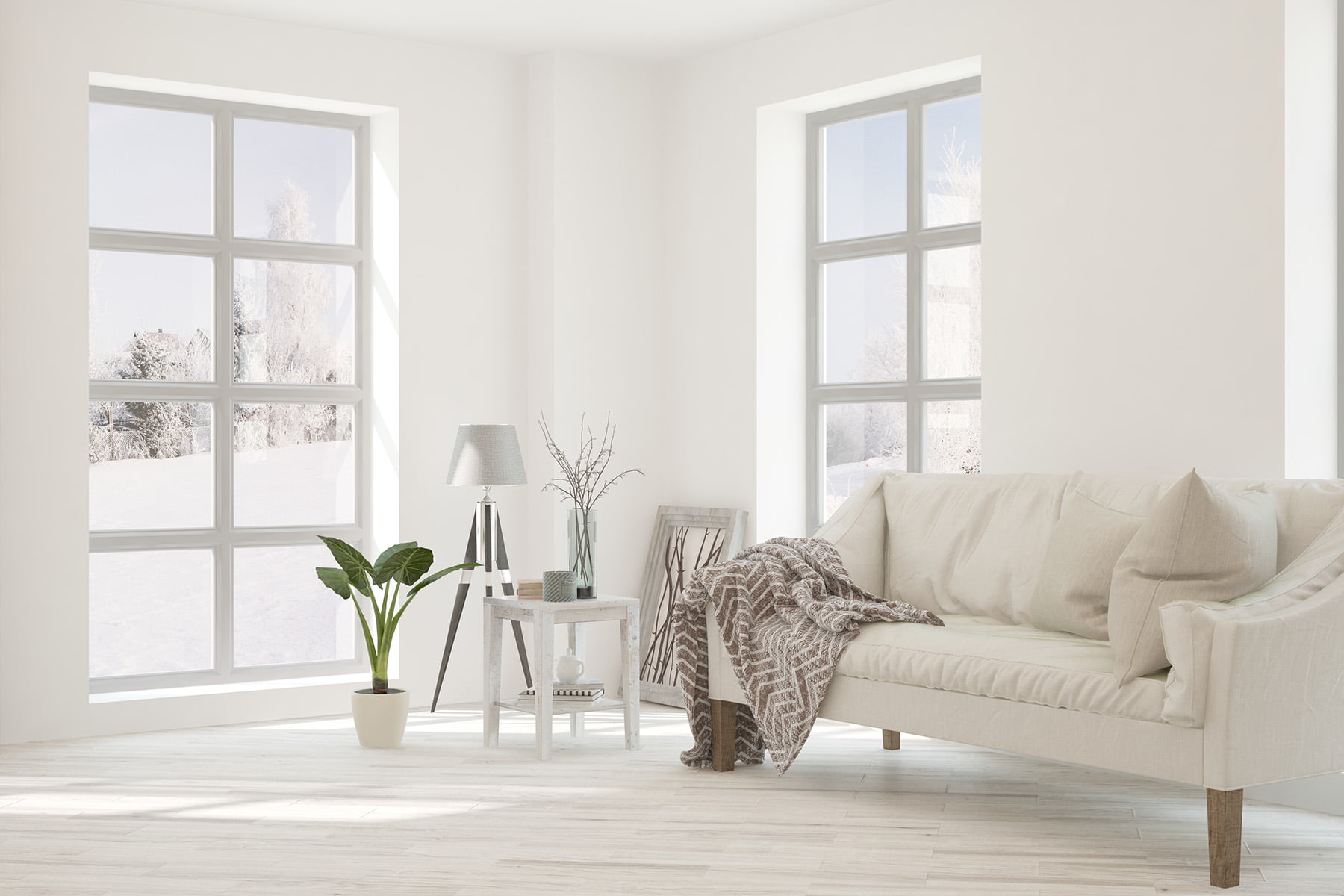 Scandinavian minimalist lounge with white walls.