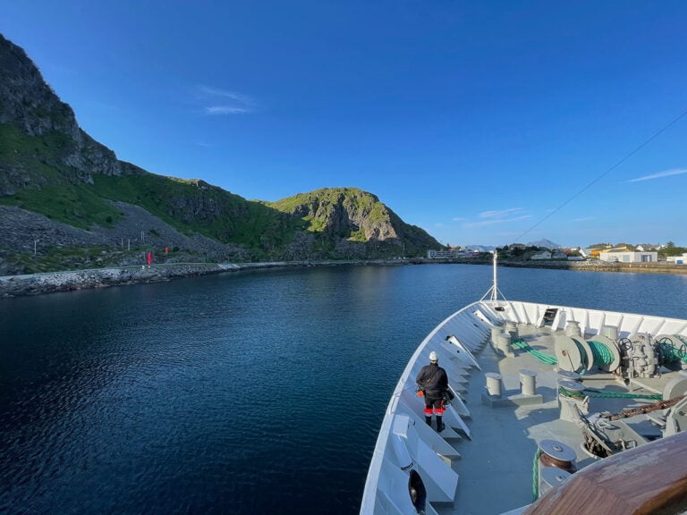 The view from the front of deck 5 approaching Stamsund.