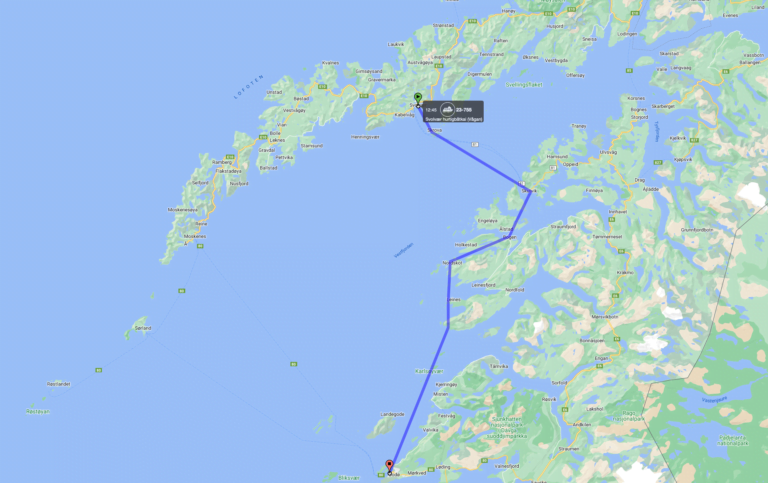 Ruteplan fra Svolvær til Bodø.