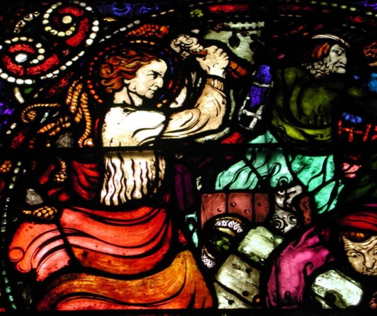 Detail from stained class in Oslo Cathedral.